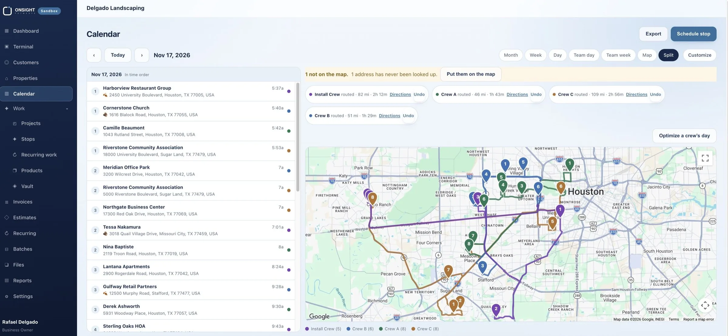 The dispatch board for 17 November 2026. Four crews are routed, each with its
                  distance, drive time, a Directions link and an Undo: Install Crew 82 miles and
                  2h 12m, Crew A 46 miles and 1h 43m, Crew C 109 miles and 2h 56m, Crew B 51 miles
                  and 1h 29m. The left panel lists the day's stops in route order with arrival
                  times; the map shows all four routes in their crew colours across Houston, with
                  every stop numbered in the order it is visited.