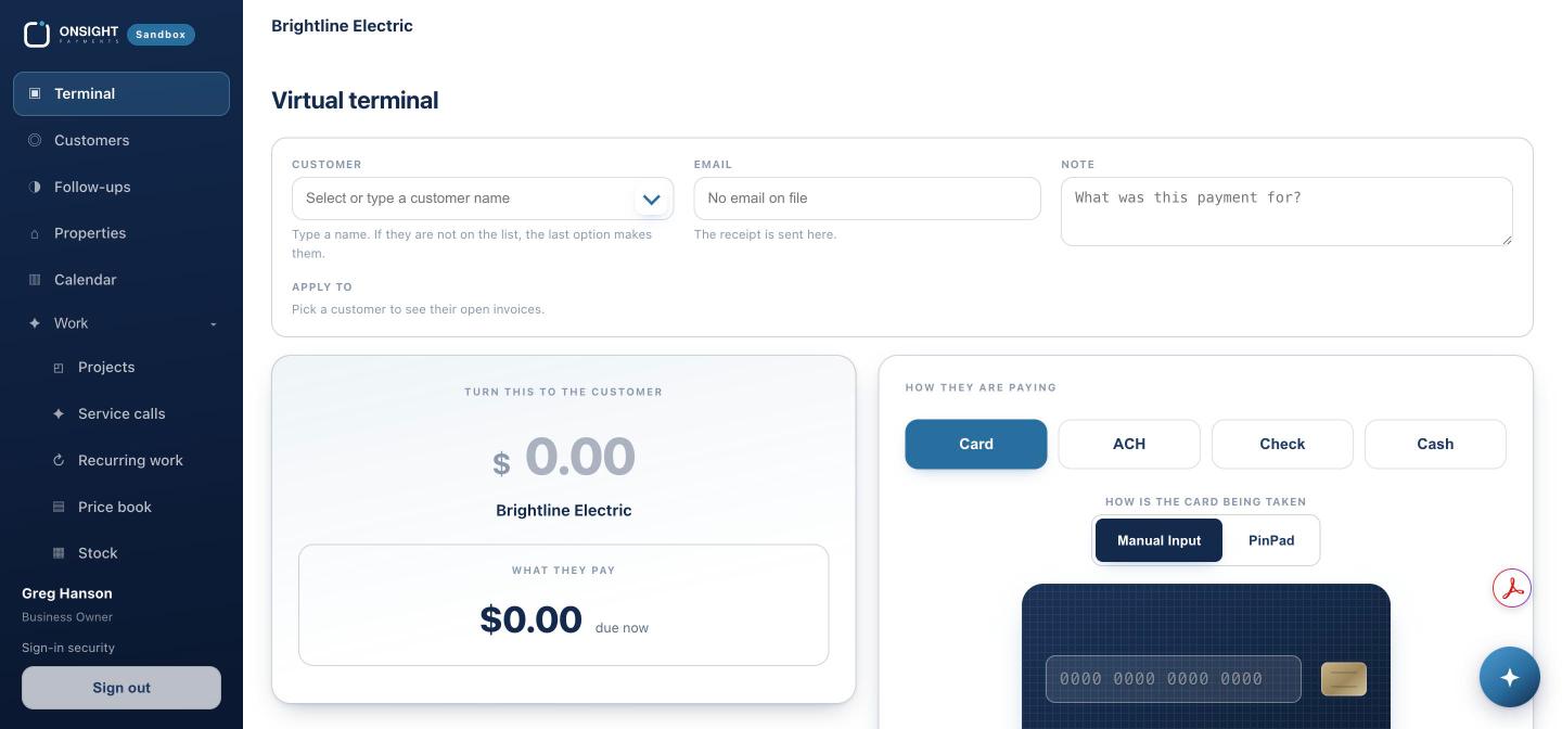 The virtual terminal. Pick the customer; their open invoices appear.
