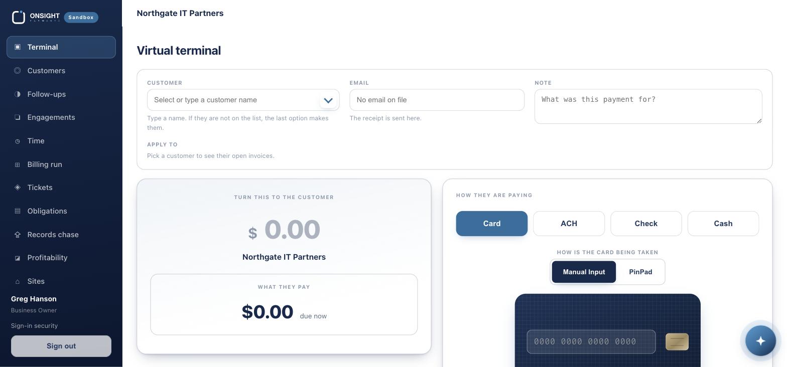 The virtual terminal. Pick the customer; their open invoices appear.