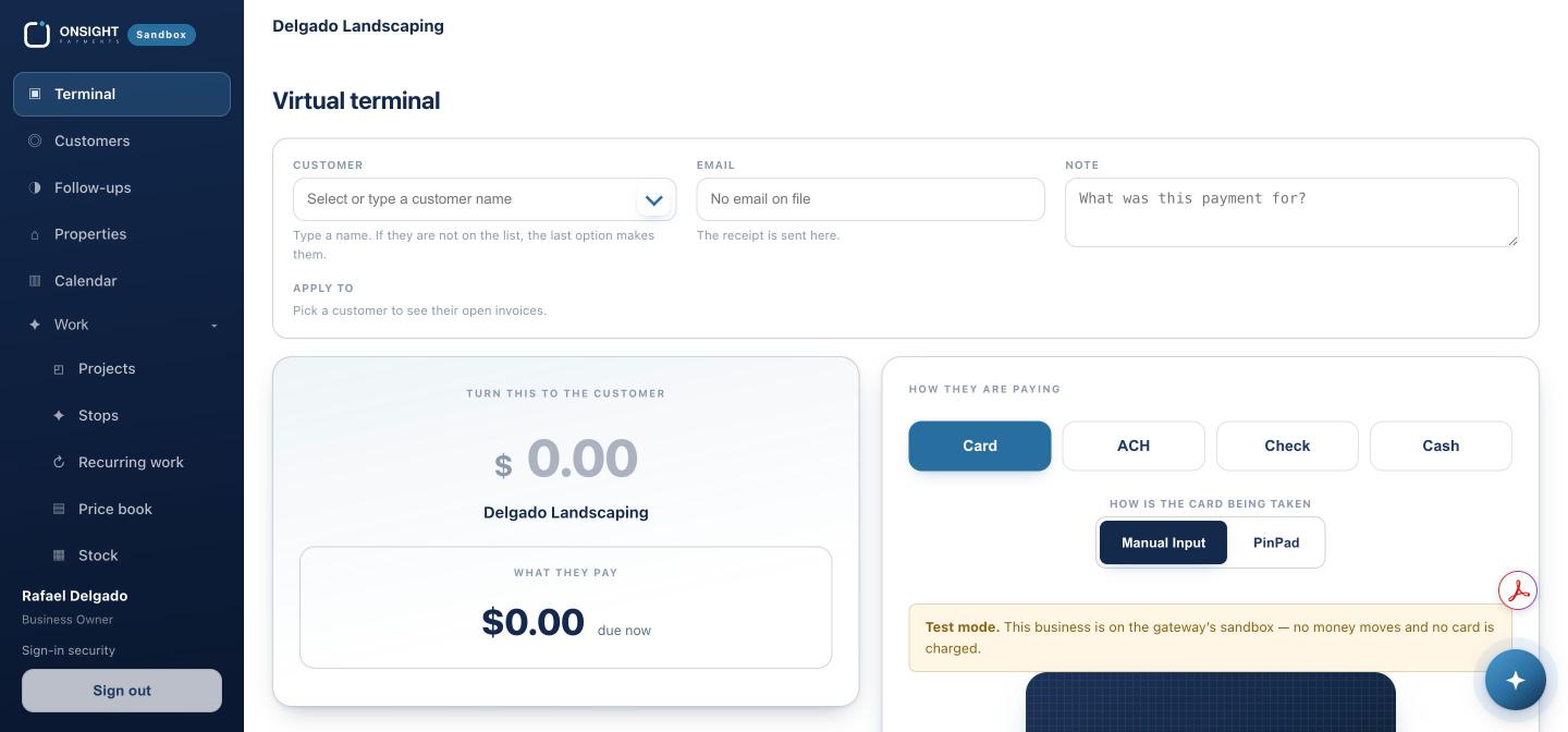 The virtual terminal. Pick the customer; their open invoices appear.