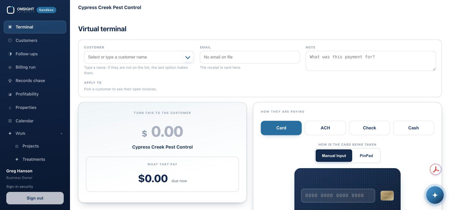 The virtual terminal. Pick the customer; their open invoices appear.