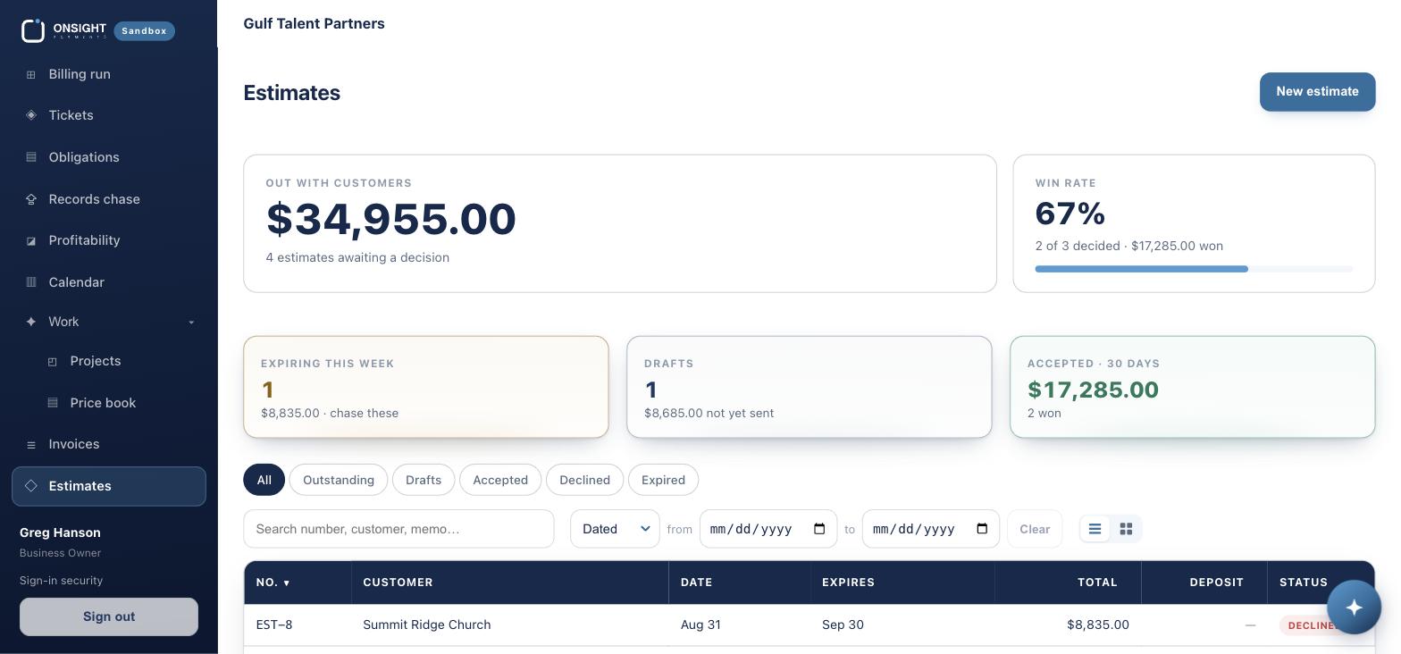 Estimates. Out with customers is the money waiting on a decision.