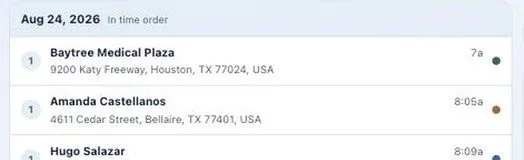 A routed day listing calls in time order with addresses and arrival times.