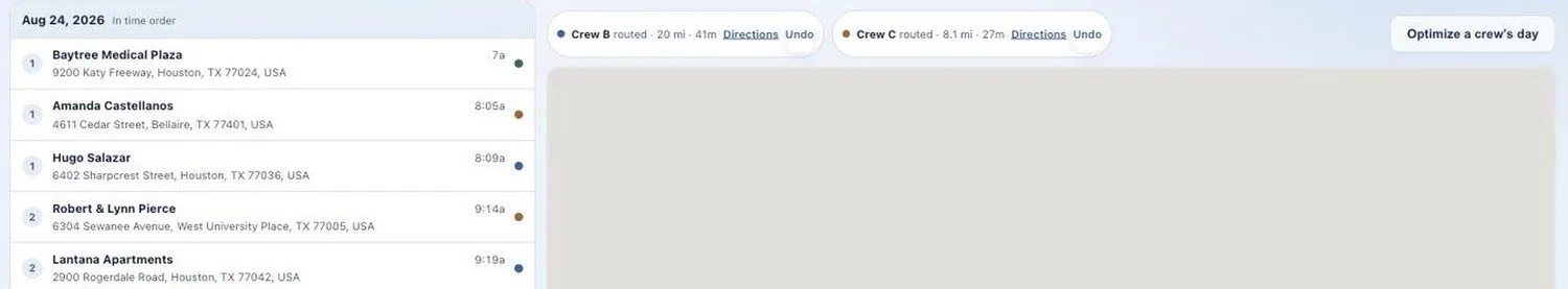 Two crews routed for the day with distance, drive time and Directions.